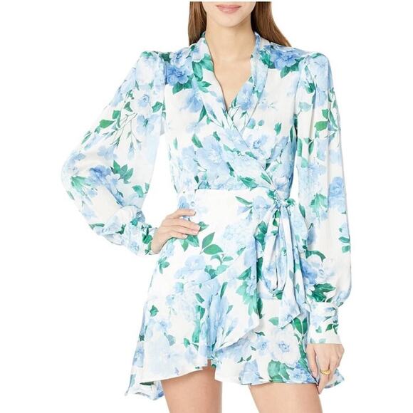 NWT Line & Dot Floral Wrap Dress XS Blue White - Picture 1 of 6